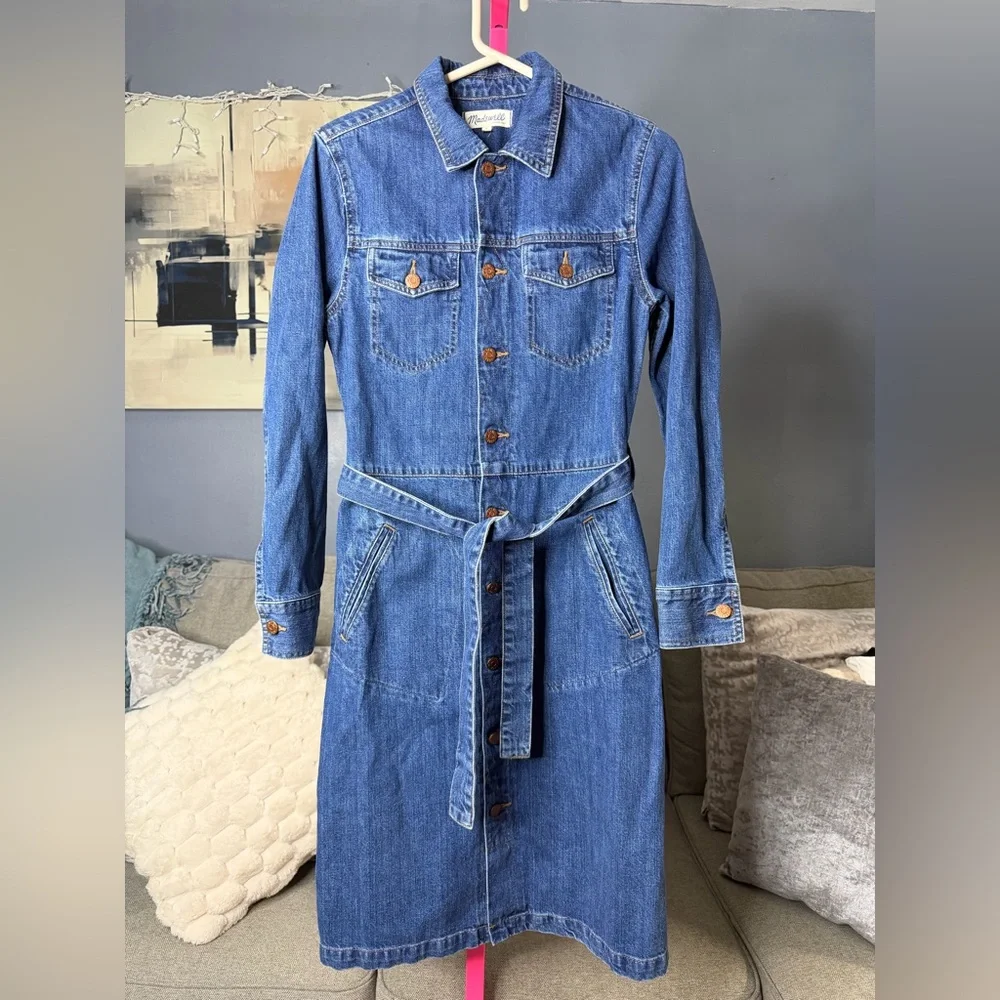 Madewell Denim Shirt Dress Size 6 Button Front Belted Long Sleeve Cotton - Picture 2 of 7